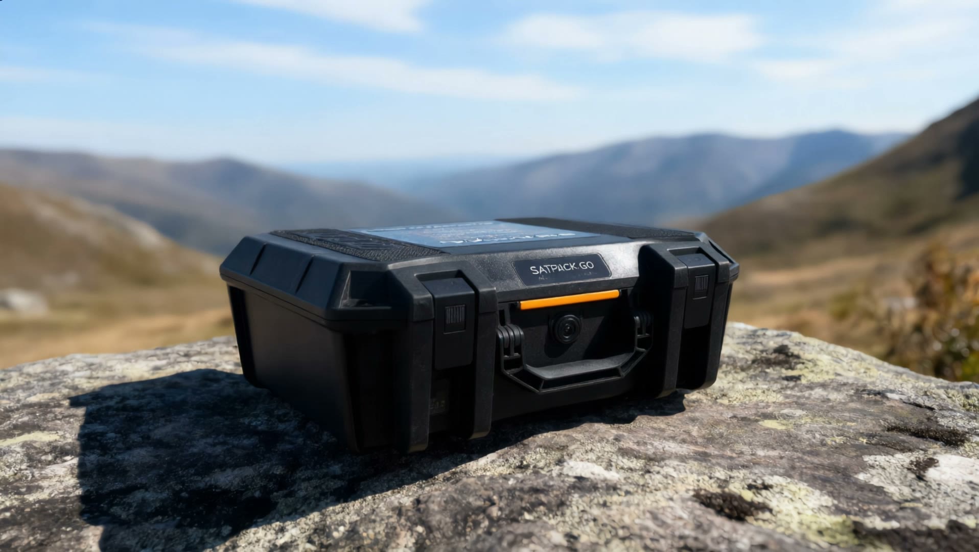 SatPack Go set on a mountain boulder while a whole campsite works online behind it