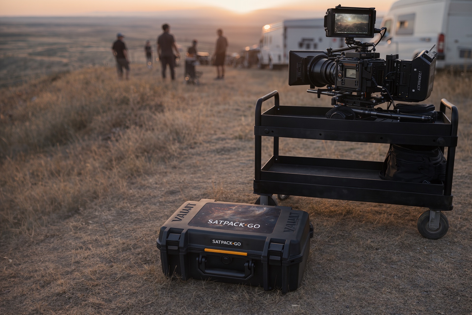 SatPack Go beside a cinema camera cart on a remote set