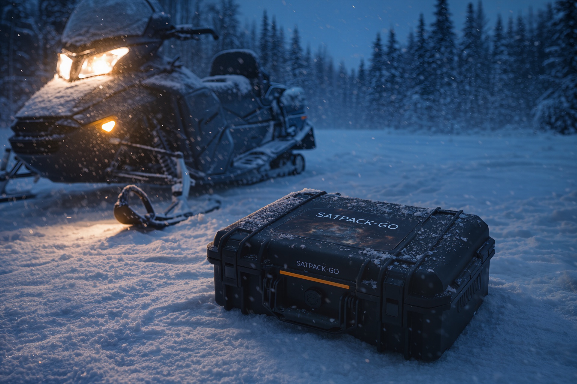 SatPack Go on packed snow beside a snowmobile at dusk