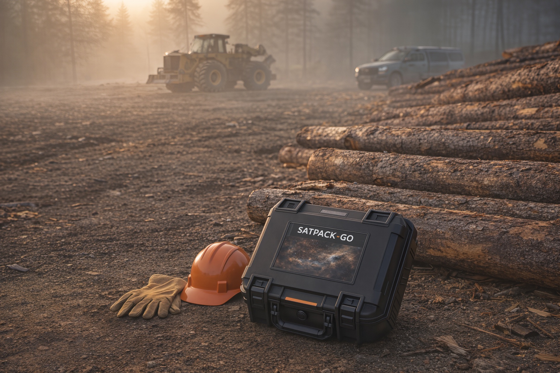 SatPack Go at a forestry work site beside hardhat and gloves