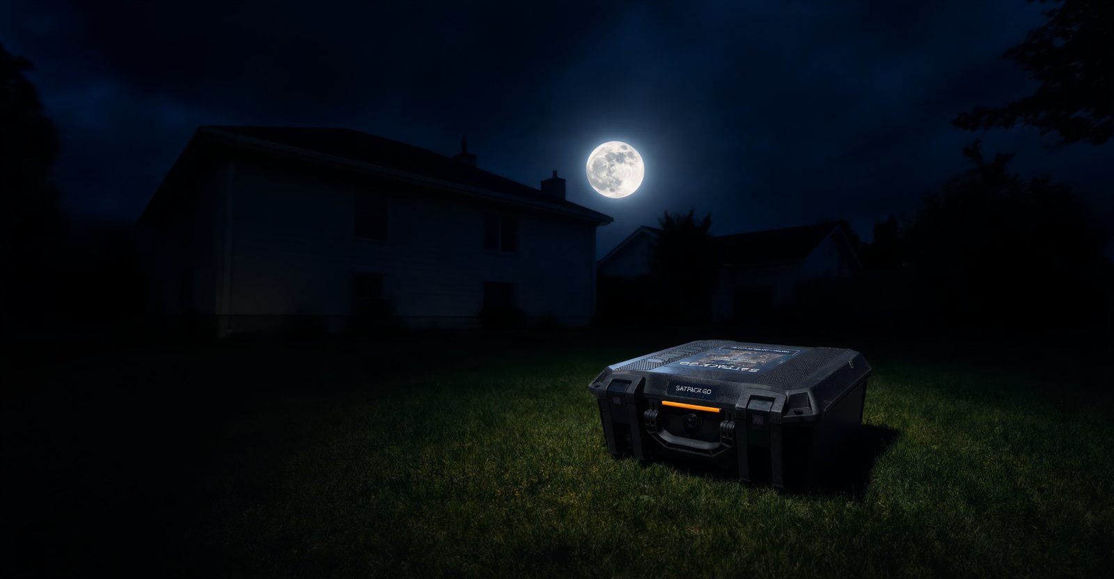 Blackout night — every house dark under the moon, SatPack Go set out on the lawn