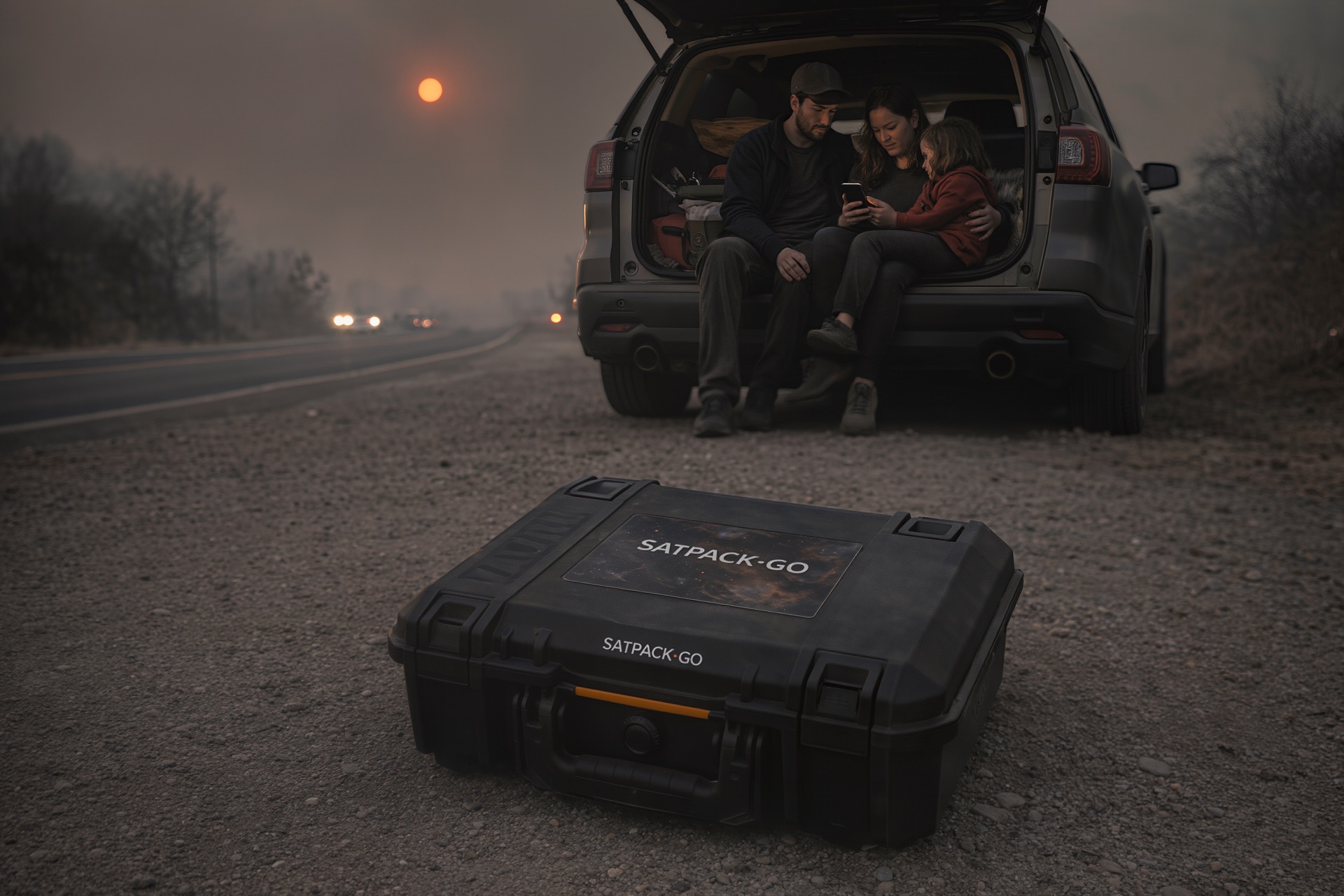 Family waiting calmly at their SUV tailgate under wildfire smoke, SatPack Go case deployed flat on the gravel, connected