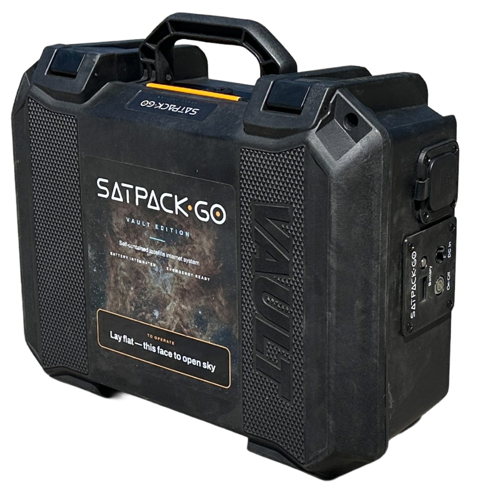 SatPack Go case, three-quarter view showing the cover and the side control panel