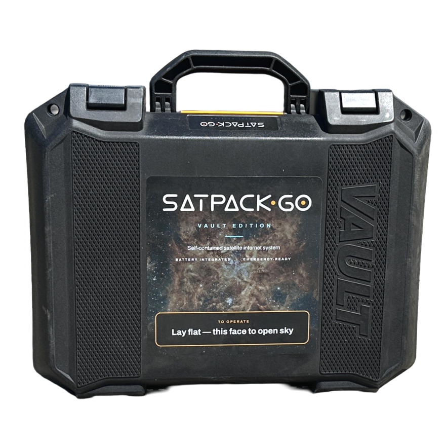 SatPack Go case, front face with the operate label: lay flat, this face to open sky